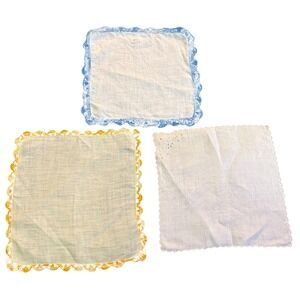 Vintage Linen Handkerchief Set of 3 Blue Yellow White Crochet Lace Embroidery